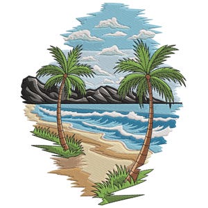 May include: Embroidered design of a tropical beach scene with two palm trees, a sandy shore, and ocean waves. The sky is blue with fluffy white clouds, and mountains are in the background. The design is framed in an oval shape.