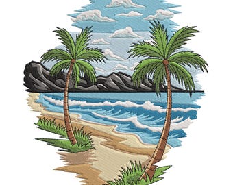 Beach with Palm trees Embroidery Design, Summer Beach Embroidery File, Palm Tree Embroidery Design, Machine Embroidery File, EMB, PES, Vp3