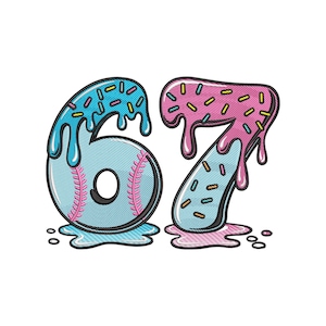 May include: A whimsical embroidered design featuring the number 67. The number 6 is designed as a baseball with blue icing and sprinkles. The number 7 is pink with sprinkles. The design has a dripping effect.