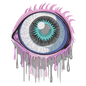 May include: Embroidered design of an eye with a black pupil, a teal iris, and a light blue and white sclera. The eye is outlined in black and surrounded by a pink, spiky border and pink dripping accents.