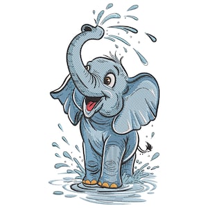 Puede incluir: Ilustración de dibujos animados de un elefante azul rociando agua con su trompa. El elefante tiene orejas grandes, una expresión sonriente y está de pie en un charco de agua. La imagen tiene un estilo juguetón y caprichoso.