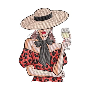 May include: An embroidered illustration of a woman wearing a wide-brimmed hat and a red dress with black leopard print. She holds a glass of white wine. A large black bow is at her neck. The woman is wearing earrings and has red lipstick.