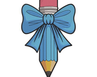 Blue Bow Pencil Embroidery Design, School Pencil with Ribbon Machine Embroidery File, Instant Download