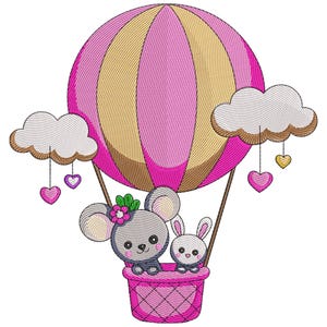Pink hot air balloon Embroidery Design, Sky clouds embroidery file, Colorful Hot Air Balloon Embroidery, Travel Embroidery Design EMB File