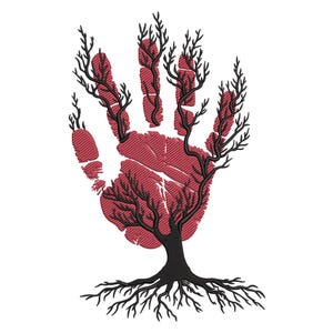 Puede incluir: Un diseño de huella de mano roja con un árbol que crece desde ella. El árbol tiene ramas y raíces negras. La huella de la mano tiene una apariencia texturizada, y el diseño está sobre un fondo blanco.