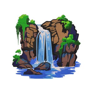 May include: An embroidered patch featuring a waterfall scene. The design includes a cascading waterfall with blue water, brown rocks, and green foliage. The patch is likely for decorative purposes, suitable for clothing or accessories.