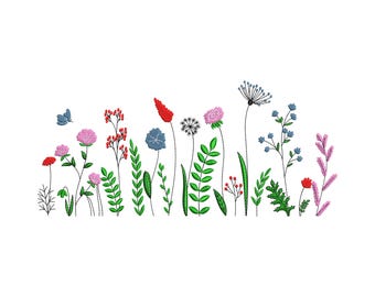 Wildflower Garden Embroidery Design, Colorful Floral Field Machine Embroidery File, Instant Download