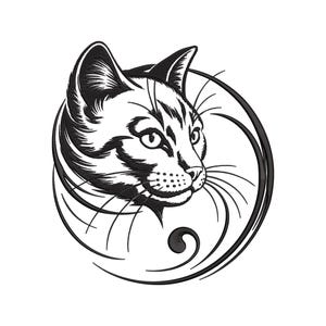 May include: Black and white illustration of a cat's head in profile, surrounded by a stylized circular design. The cat has detailed fur markings and whiskers, with a focused gaze. The artwork is set against a white background.