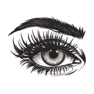 May include: Black and white embroidered eye design with long eyelashes and a detailed eyebrow. The iris is grey with intricate shading. Suitable for embroidery projects, apparel, or accessories.