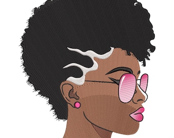 Afro Woman Embroidery Design: Black Girl with Pink Glass Portrait Machine Embroidery Digital File