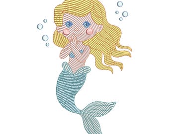 Mermaid Girl Embroidery Design, Sea Maid Cartoon Machine Embroidery File, Instant Download