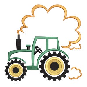 Peut inclure: Illustration d'un tracteur vert avec des roues noires et un centre jaune. Le tracteur a une cheminée noire avec de la fumée dorée qui s'échappe. Le design est sur fond blanc.