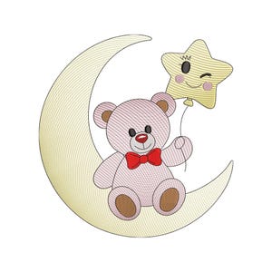 May include: An embroidered design featuring a teddy bear wearing a red bow tie, seated on a crescent moon. The bear holds a yellow star-shaped balloon with a winking face. The design is in soft pastel colors.