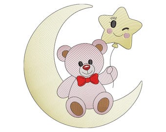 Teddy Bear on Moon Embroidery Design, Star Machine Embroidery Pattern File, Instant Download
