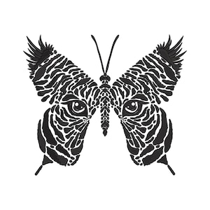 May include: A black and white butterfly design. The butterfly's wings are detailed with a pattern that resembles tiger stripes, and the eyes are clearly defined. The antennae are thin and black, and the background is plain white.