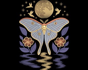 Celestial Moth Moon Embroidery Design, Floral Insect Art Machine Embroidery File, Instant Download