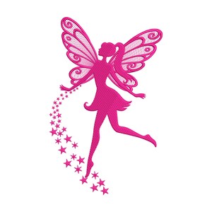 Pode incluir: Silhueta rosa de uma fada com asas detalhadas e um vestido esvoaçante. A fada é retratada numa pose de corrida, com uma trilha de estrelas rosas atrás. O design é definido contra um fundo branco.