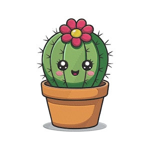 May include: A cartoon illustration of a smiling cactus with a pink flower on top. The green cactus has black spines and is potted in a brown terracotta pot. The cactus has large, expressive eyes and a happy smile.