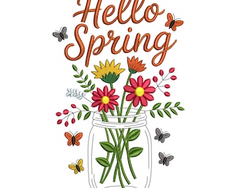 Hallo Frühling Blumen Einmachglas Stickdatei, Schmetterling Blumenstrauß Maschinenstickdatei, Instant Download