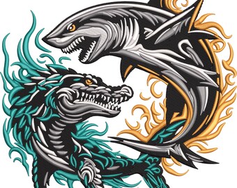 Angry Shark Machine Embroidery Design, Dragon Design Embroidery File, Ocean Machine Embroidery File, White Shark Machine Embroidery EMB, PES