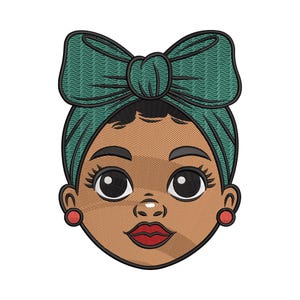 May include: Embroidered design of a cartoon girl's face. The girl has brown skin, large black eyes, and red lips and earrings. She wears a teal bow-shaped head covering. The design is created with detailed stitching.