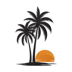 Könnte beinhalten: Schwarze Silhouette von zwei Palmen und einer untergehenden Sonne in Orange und Gelb. Das Design zeigt zwei Palmen mit strukturierten schwarzen Blättern und Stämmen und eine halbkreisförmige Sonne.