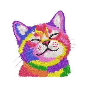 May include: A colorful embroidered cat face with closed eyes and a smiling expression. The cat's fur is a patchwork of vibrant colors, including pink, purple, yellow, and green. The design is on a white background, creating a cheerful and playful image.