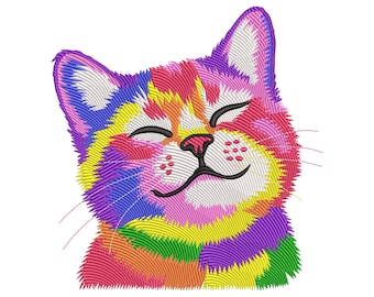 Bunt Patchwork Katzen Gesicht Stickmuster, Regenbogen Kätzchen Stickdatei, Maschinenstickerei, Instant Download