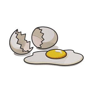 May include: An illustration of a cracked eggshell and a fried egg with a yellow yolk. The eggshell is beige with a black outline, and the fried egg is white with a yellow yolk and a black outline. The image is on a white background.