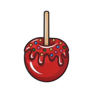 Peut inclure: Une broderie d'une pomme d'amour rouge sur un bâton. La pomme est recouverte d'un glaçage rouge et décorée de vermicelles colorés. Un motif de friandise, idéal pour les projets d'artisanat ou les thèmes de desserts.