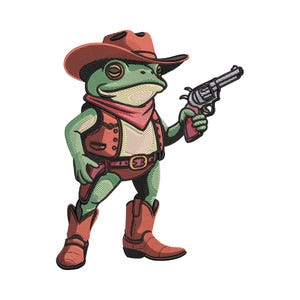 Könnte beinhalten: Gesticktes Bild einer grünen Froschfigur im Cowboy-Outfit mit rotem Hut, Weste und Stiefeln. Der Frosch hält eine silberne und rote Pistole. Das Design hat eine detaillierte, strukturierte Optik.