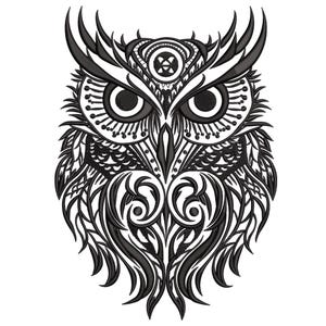 May include: Black and white owl design with intricate details. The owl features large, round eyes, detailed feathers, and ornamental patterns. The design is symmetrical and suitable for various applications, such as embroidery or graphic design.