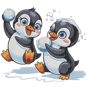 May include: Two cartoon penguins playing in the snow. One penguin is holding a snowball above its head, while the other is holding a snowball in front of it. The penguins are black, white, and orange with blue eyes and rosy cheeks.