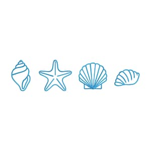 May include: Four blue line art illustrations of sea creatures: a conch shell, a starfish, a scallop shell, and a clam shell. The images are set against a white background.