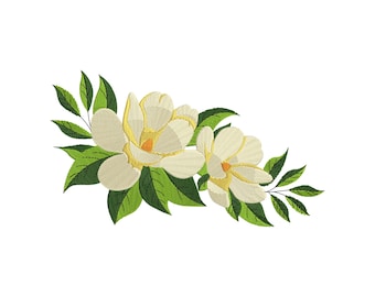 May include: Embroidered design featuring two cream-colored magnolia flowers with yellow centers and green leaves. The floral arrangement is set against a white background, creating a delicate and elegant aesthetic. Ideal for fabric embellishment or crafting projects.