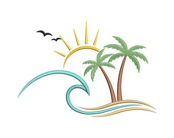 Tropical Beach Scene Embroidery Design, Palm Tree Ocean Wave Machine Embroidery File, Instant Download