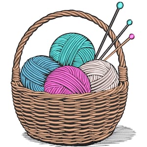 May include: A brown woven basket filled with colorful yarn balls in shades of teal, pink, blue, and white. Knitting needles with teal and pink tips are placed inside the basket. The basket has a handle and is set against a white background.