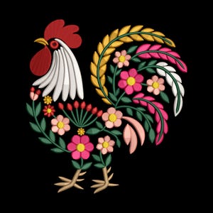 May include: Embroidered rooster design with a black background. The rooster features a red comb and wattle, white feathers, and a body filled with pink, yellow, and white flowers and green leaves. The rooster's legs are tan.