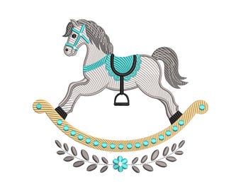 Diseño de bordado de caballo mecedor, archivo de bordado a máquina de juguete vintage, descarga instantánea