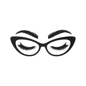 Op de afbeelding: Zwarte illustratie van een cat-eye bril met gesloten ogen, lange wimpers en wenkbrauwen. Het ontwerp is geplaatst tegen een witte achtergrond. De bril en gezichtskenmerken zijn donker van kleur, wat een eenvoudige, elegante afbeelding creëert.