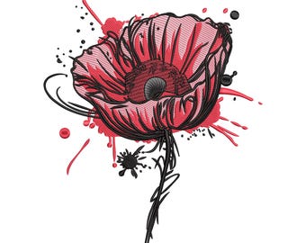 Abstract Poppy Flower Embroidery Design, Splatter Botanical Print Machine Embroidery File, Instant Download