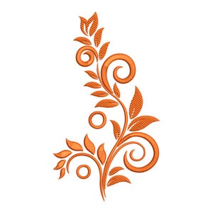 Puede incluir: Diseño de bordado floral naranja con un tallo estilizado, hojas, espirales y acentos circulares. El diseño está renderizado en un estilo detallado y texturizado, adecuado para la ornamentación de telas o aplicaciones decorativas.