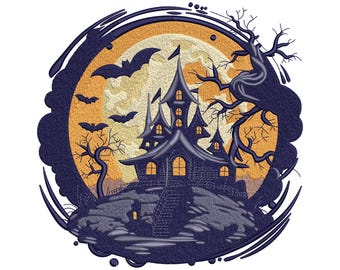 Haunted House Halloween Embroidery Design, Night Scene Machine Embroidery Pattern File, Instant Download