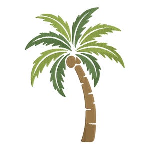 May include: An embroidered palm tree design featuring a light brown trunk with horizontal segments and vibrant green fronds. The embroidery stitches create a textured appearance for the leaves and the trunk of this tropical tree illustration.