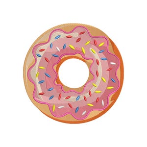 May include: A machine-embroidered donut design with pink frosting and colorful sprinkles. The donut has a light brown base with a hole in the center. The frosting is a wavy pattern, and the sprinkles are red, yellow, and blue.