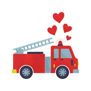 May include: A red fire truck illustration with a ladder, siren, and four red hearts. The fire truck has black wheels and blue accents. The hearts are rising above the truck.