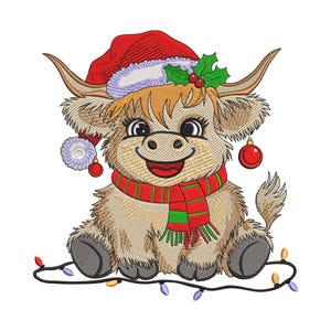 May include: A festive embroidered design of a Highland cow wearing a Santa hat, red and green scarf, and Christmas ornaments. The cow is surrounded by a string of colorful Christmas lights, creating a cheerful holiday theme.