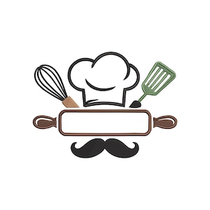 Può includere: Un design a tema chef con un cappello da chef bianco, un mattarello marrone con uno spazio vuoto, una frusta nera, una spatola verde e un paio di baffi neri. Il design è su sfondo bianco.