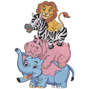 May include: A colorful cartoon illustration of a stack of animals. A blue elephant supports a pink hippo, which in turn supports a zebra. A lion sits atop the zebra. The animals have smiling faces and are in a playful pose.
