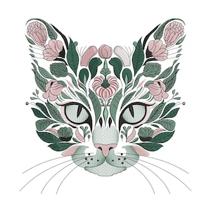 May include: An embroidered cat face design, featuring a floral pattern in shades of green, pink, and white. The cat's eyes are green, and the whiskers are thin black lines. The design is on a white background.